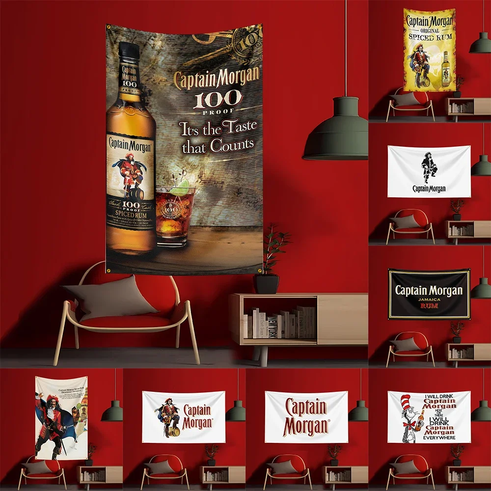 Wine Beer Rum - 90×150cmの「C-キャプテン・モーガンズ」ラム酒旗。ポリエステル製で、アルコールやワインをモチーフにしたデザイン。庭の装飾や、飲み物（ラム酒、ビールなど）の宣伝に最適なバナー。