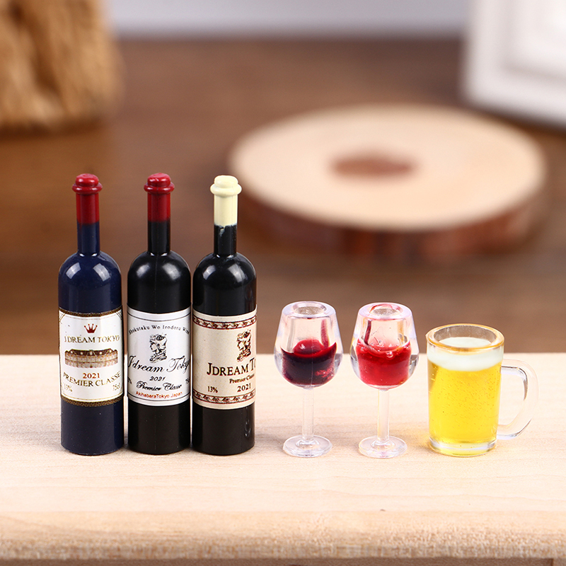 Wine Beer House - 5 個ミニチュアワインカップビールジョッキワインボトルモデルキッチン 1:12 ドールハウスアクセサリードールハウスの装飾子供のふりおもちゃ