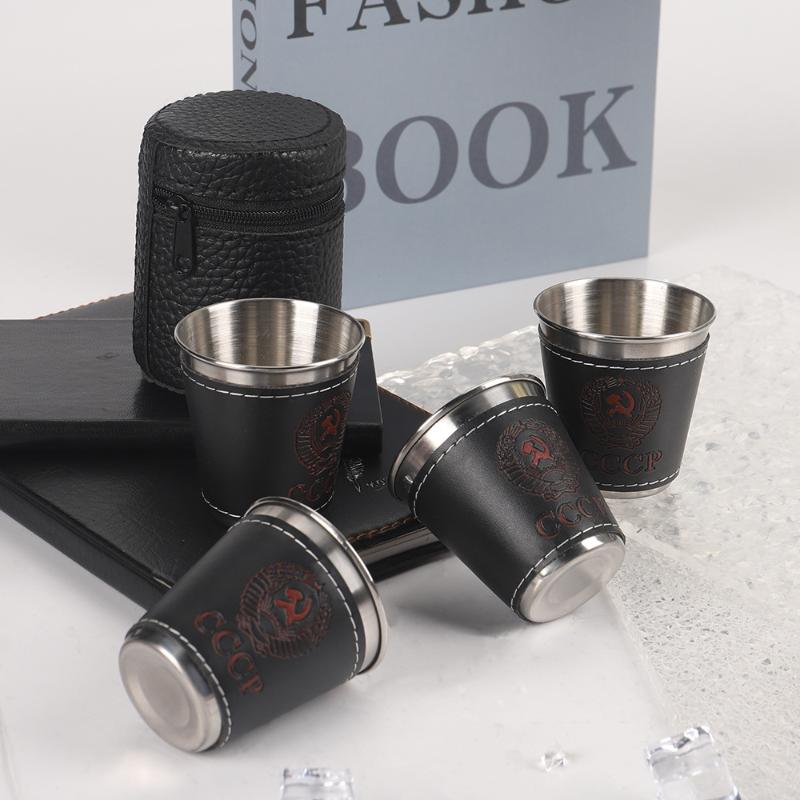 Whisky Beer And Wine - 4個セット アウトドアトラベルカップ ステンレス製カップ PUレザー付き ポータブル コーヒー