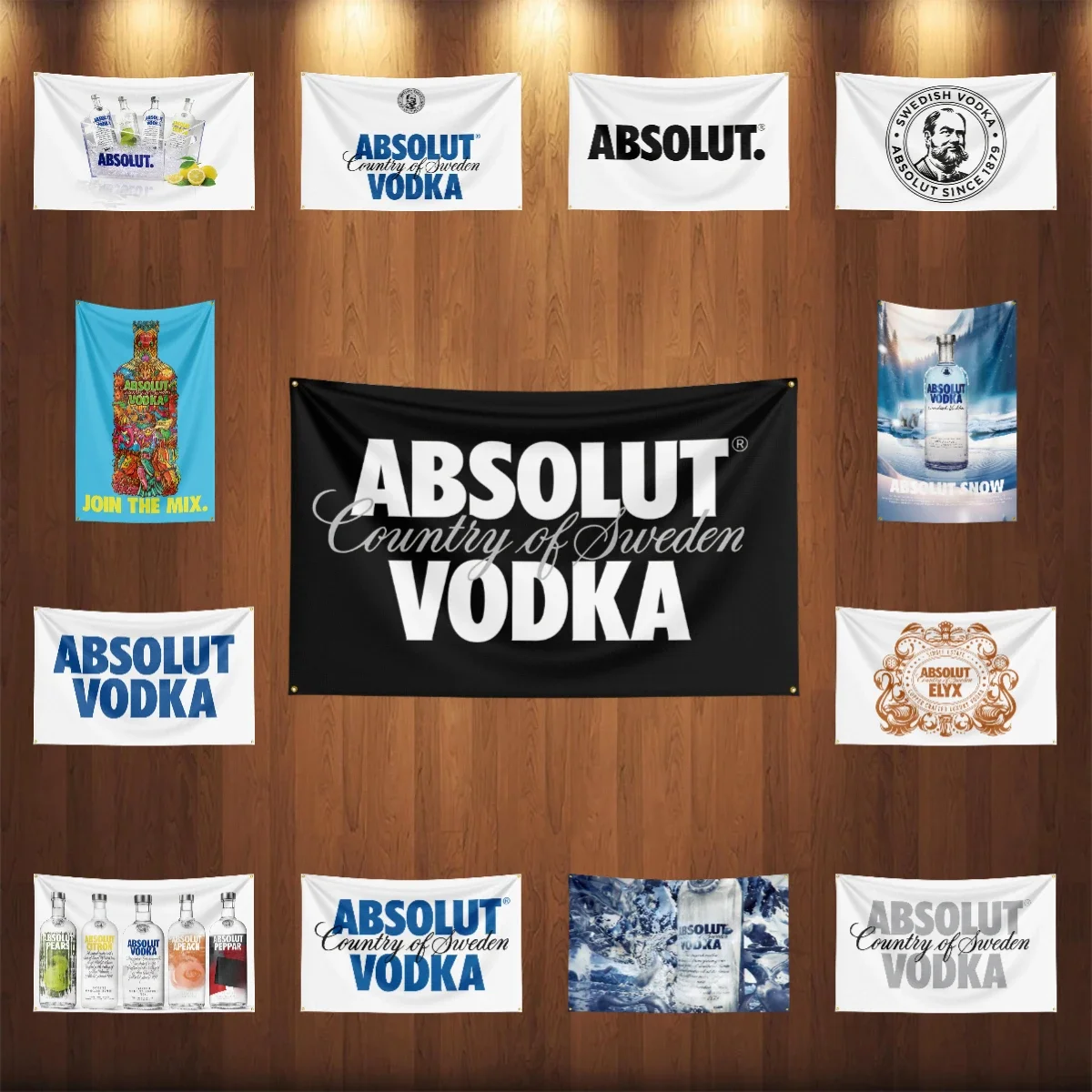 Wine Beer Rum - 3×5フィートの「A-Absolut Vodkas」の旗。ポリエステル製で、アルコール飲料（ワイン、ラム、ビール）をテーマにしたプリントが施されており、装飾用として最適。
